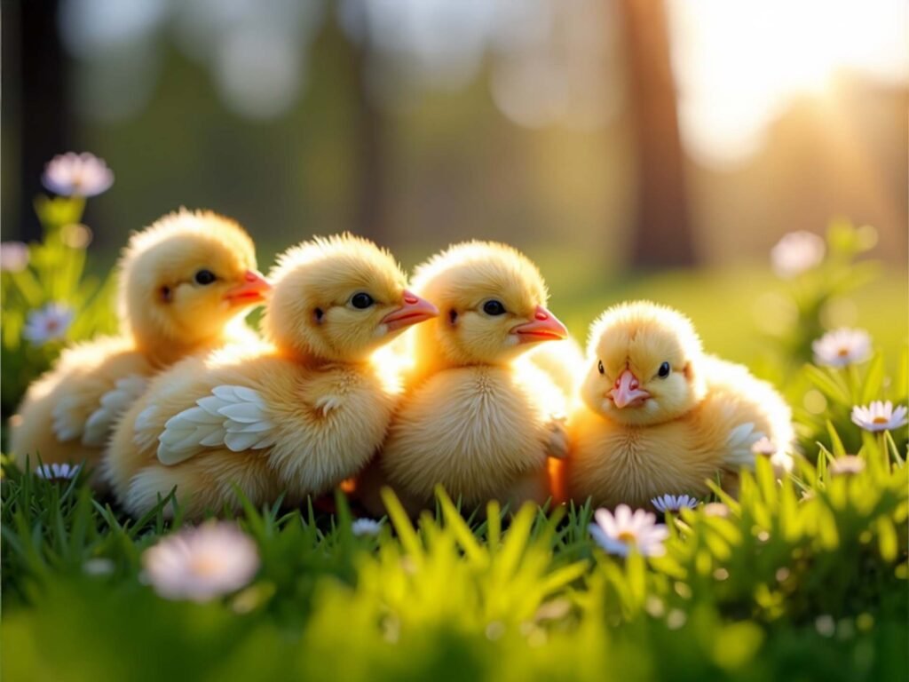 Happy chicks enjoying proper heat and temperature